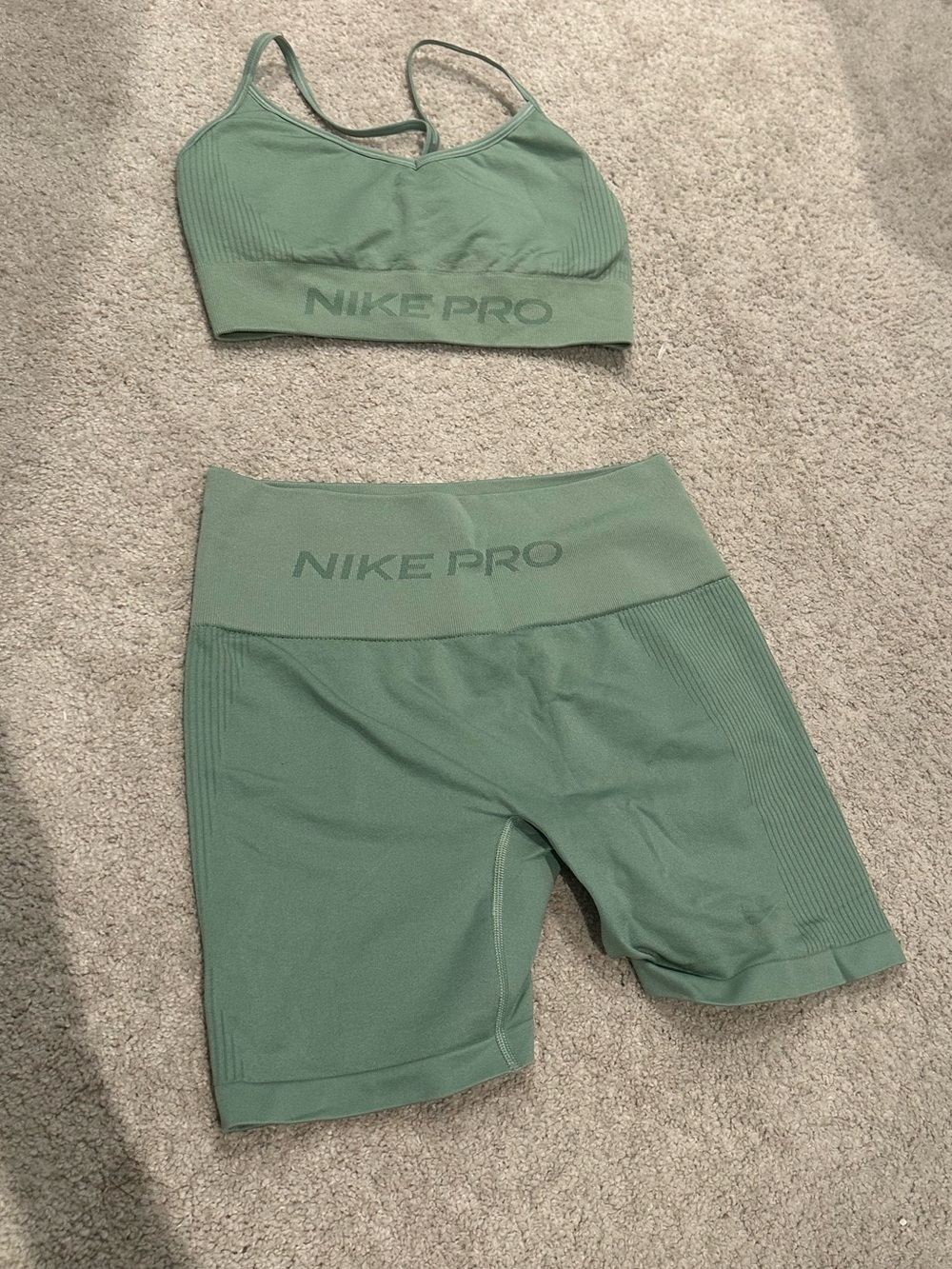 Nike Pro Sage Green Women's Bike Shorts and sports bra